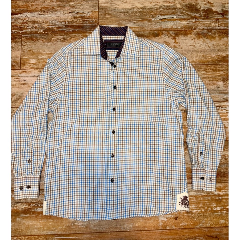 COOGI Luxe Mens M 15.5-16 Plaid Button Up Shirt Blue Brown Cotton Embroidered